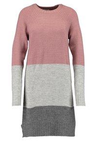 Abito maglione con un design a blocchi di colore in rosa, grigio chiaro e grigio scuro. Realizzato in morbido materiale a maglia con polsini e orlo a coste.