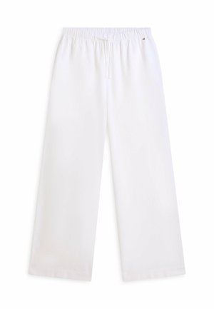 Pantalones blancos de pierna ancha con cintura elástica y cordón, pequeño logo cerca de la cintura en el lado derecho.