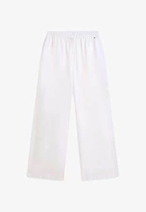 Pantalones blancos de pierna ancha con cintura elástica y cordón, pequeño logo cerca de la cintura en el lado derecho.
