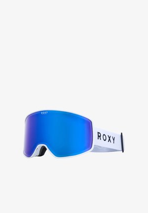 Ski goggles with a white frame, blue mirrored lens, and adjustable strap featuring the logo "ROXY" in black on a textured background.