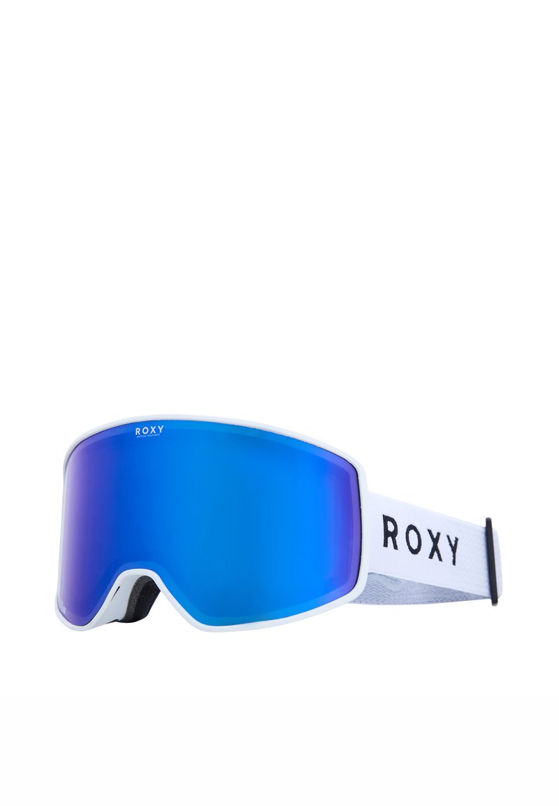 Skibril met een wit montuur, een blauw gespiegelde lens en een verstelbare band met het logo "ROXY" in zwart op een gestructureerde achtergrond.
