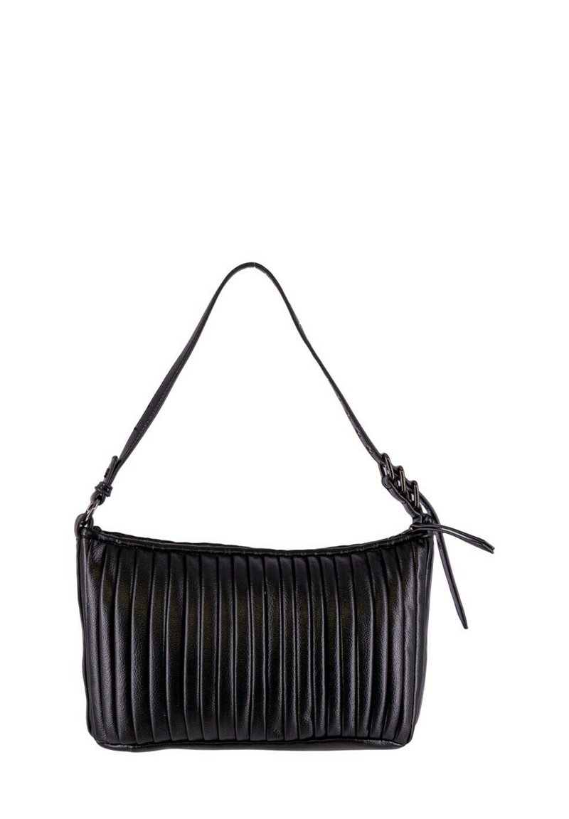 Borsa a tracolla in pelle nera con texture a righe verticali, una sola tracolla e una forma rettangolare compatta ed elegante.