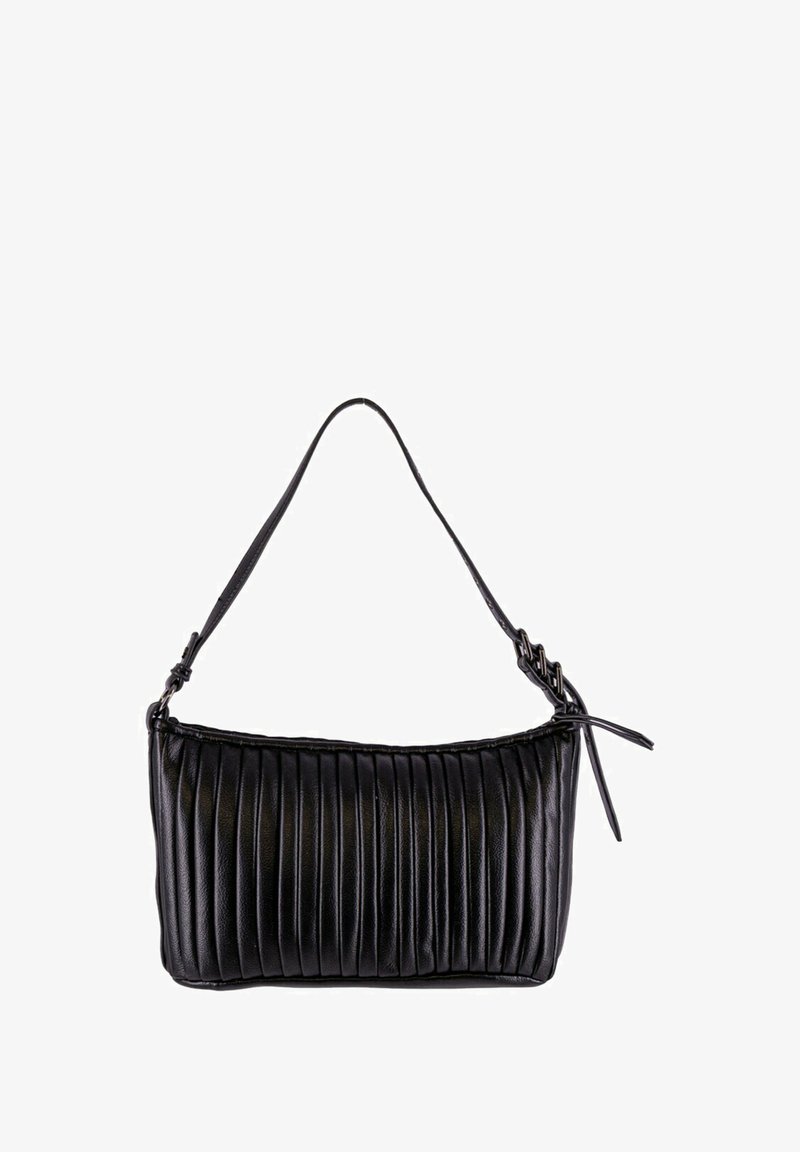 Borsa a tracolla in pelle nera con texture a righe verticali, una sola tracolla e una forma rettangolare compatta ed elegante.