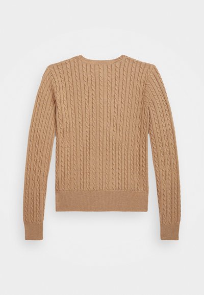 Πλεκτό μπεζ πουλόβερ με υφαντό σχέδιο καμπυλών, στρογγυλή λαιμόκοψη και ριμπ μανσέτες και στρίφωμα. Εμφανίζεται η πίσω όψη.