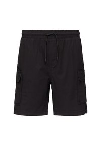 Shorts cargo noirs avec une taille élastique et un cordon de serrage, dotés de deux poches latérales et de deux poches à rabat sur les cuisses.