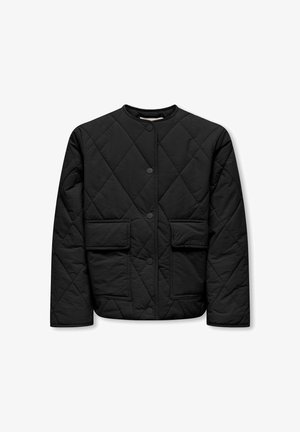 Zwarte doorgestikte jas met knoopsluiting, ronde halslijn, lange mouwen en twee grote voorzakken.