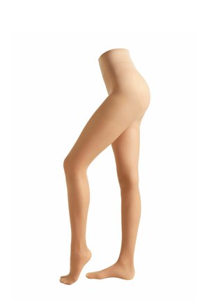 Beige strumpbyxor med en len, genomskinlig textur, hög midja och med fötter, som visar en naturlig hudton mot en vit bakgrund.