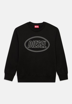 Czarna bluza crewneck z białym owalnym obrysem i napisem "DIESEL" na środku przodu, z prążkowanymi mankietami i dołem.