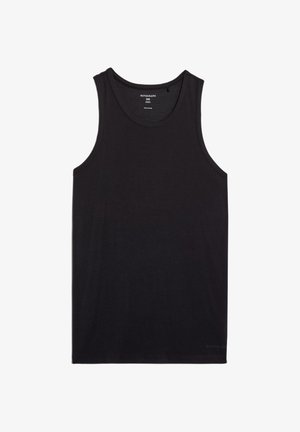 Black cotton tank top with a crew neckline and sleeveless design. Features a small logo at the hem. Smooth texture, casual style.
