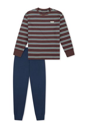Long-sleeve brown shirt with white and blue horizontal stripes paired with solid navy blue pants, both with cuffed hems.