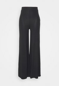 Czarne szerokie spodnie wykonane z miękkiego materiału, z wysokim stanem i zwiewną sylwetką, o gładkiej fakturze i bez widocznych wzorów.