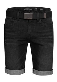 Černé džíny šortky s ohrnutými manžetami, které mají látkový pásek a stříbrné detaily. Materiál má mírnou strukturu a jemné opotřebení.