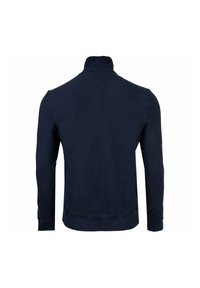 Pullover blu navy con collo alto e maniche lunghe. Realizzato in tessuto liscio, presenta una vestibilità dritta e polsini a costine.
