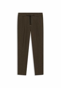 Bruine, gestructureerde broek met een aantrekkoord in de taille, taps toelopende benen en subtiele plooien. Gemaakt van een zachte, gestructureerde stof.