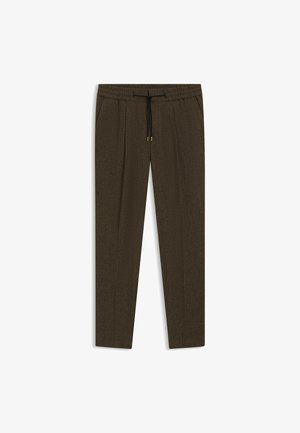 Brown, textured trousers with a drawstring waist, tapered legs, and subtle pleats. Crafted from a soft, textured fabric.