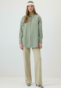 Cămașă supradimensionată în dungi verzi și albe, cu mâneci lungi și buzunar la piept, asortată cu pantaloni largi de culoare bej deschis și pantofi gri.