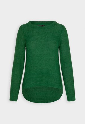 Maglione verde a maniche lunghe con collo rotondo, realizzato in tessuto lavorato a maglia testurizzato. Presenta un orlo curvo e polsini a coste.