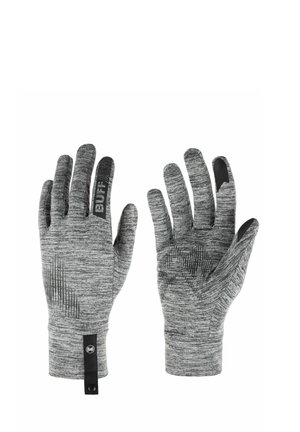 Par de guantes texturizados grises con patrones de agarre negros en las palmas y los dedos, uno mostrando el logotipo "BUFF" en el dedo índice y la correa de la muñeca.