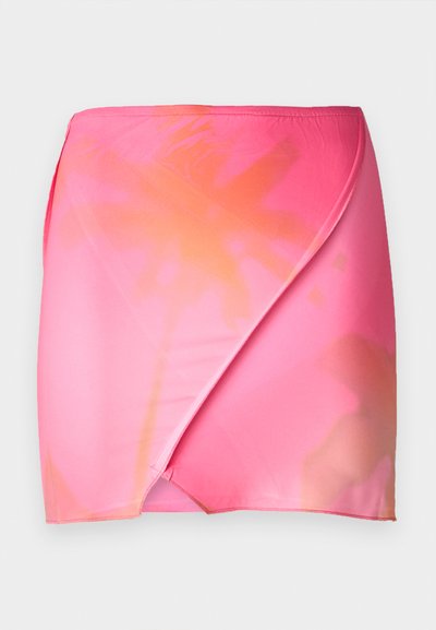Pink gradient wrap skirt featuring smooth, stretchy fabric with an ombre effect from vibrant pink to soft orange. Simple waistband design.