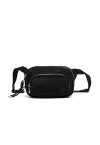 Borsa a tracolla nera in tessuto con forma rettangolare, scomparto principale con zip, tasca frontale e cintura regolabile. Caratterizzata da un design minimalista.