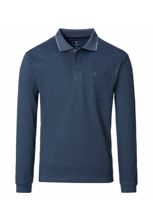 Marineblaues Langarm-Polo-Shirt aus strukturiertem Stoff mit klassischem Kragen, Drei-Knopf-Leiste und einer Brusttasche. Hellblaue Kragenakzente.
