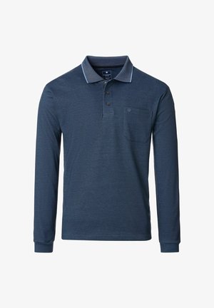 Granatowa, długorękawowa koszulka polo z teksturowanej tkaniny, z klasycznym kołnierzykiem, zapięciem na trzy guziki oraz kieszonką na piersi. Jasnoniebieskie akcenty przy kołnierzyku.