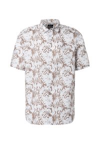 Camisa de manga corta, abotonada, con una base blanca y un patrón abstracto marrón. Fabricada con una tela ligera, presenta un collar estándar y un ajuste relajado.