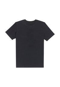 Schwarzes Baumwoll-T-Shirt, kurze Ärmel, Rundhalsausschnitt, schlichtes Design, weiche Textur, keine sichtbaren Logos oder Muster.