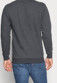 Sudadera gris de manga larga, con puños y dobladillo acanalados, hecha de un material suave, mostrada desde atrás sobre un fondo blanco.