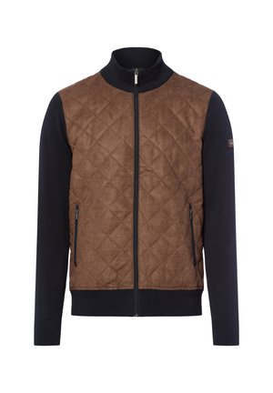 Brown quilted front with diamond pattern, navy knitted sleeves, high collar, and zippered front pockets. Smooth, soft texture.