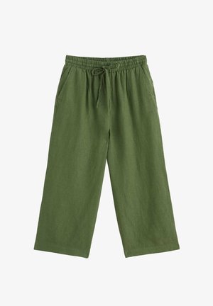 Olívazöld, bőszárú lenvászon nadrág elasztikus derékpánttal és húzózsinórral, oldalzsebekkel.