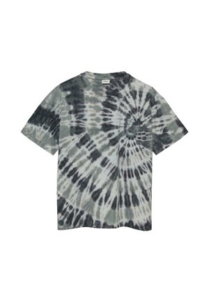 T-shirt manches courtes motif tie-dye spirale noire et grise, col rond, posé à plat sur fond blanc.