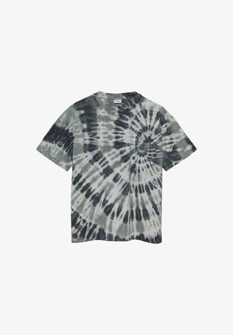 T-shirt manches courtes motif tie-dye spirale noire et grise, col rond, posé à plat sur fond blanc.