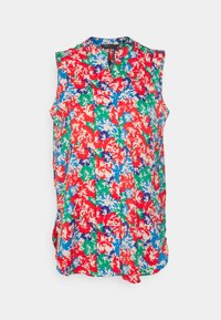 Blusa de manga sem mangas com estampa floral e colarinho elevado, apresentando uma mistura vibrante de padrões vermelhos, verdes, azuis e brancos em tecido leve.