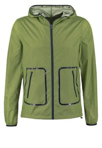 Light green zip-up jacket with a mesh texture, two front pockets, navy trim, and a hood. Features a breathable design for comfort.