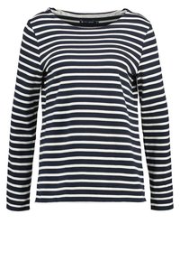 Tričko s dlouhým rukávem v námořnické modré a bílé pruhované, vyrobené z lehké bavlněné látky, s kulatým výstřihem a volnějším střihem.