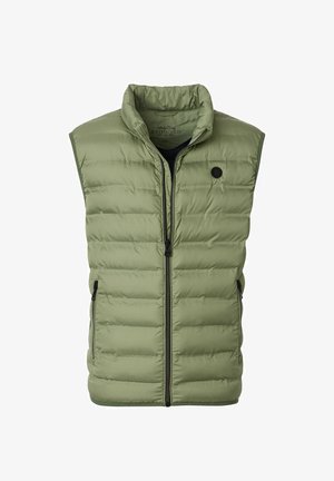 Oliven grøn puffer vest med høj krave, frontlynlås og to sidelommer. Har kviltet mønster og en rund logoaccent.