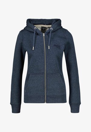 Tummansininen vetoketjullinen huppari, joka on valmistettu pehmeästä kankaasta. Siinä on vuorattu huppu, kiristysnauhat, kaksi etutaskua sekä resorit hihoissa ja helmassa.