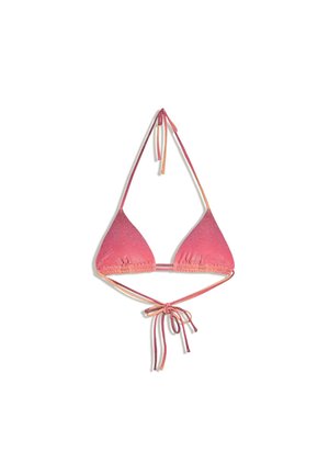 Rózsaszín és narancssárga árnyalatú háromszög bikini felső, pántja nyakban és háton megkötős, fehér háttéren.