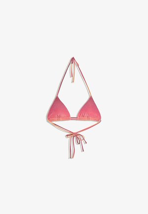 Rózsaszín és narancssárga árnyalatú háromszög bikini felső, pántja nyakban és háton megkötős, fehér háttéren.