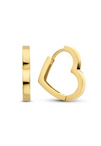 Goldene Creolen in Herzform mit glänzender Oberfläche, die eine glatte Textur und einen sicheren Verschlussmechanismus aufweisen. Die Seitenansicht zeigt die Dicke der Ohrringe.