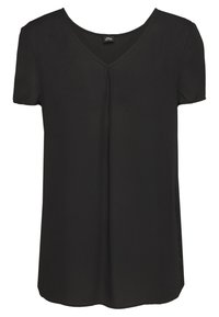 Top nero a maniche corte con scollatura a V e una leggera piega frontale. Tessuto liscio, materiale leggero, orlo dritto e fit rilassato.