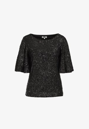 Must olema lühikeste varrukatega must topp, mis on kaetud sädelustega, lai ümmargune kaelus ja lühikesed flöödid. Tõstmisega pinnaga ja läikiva viimistlusega.