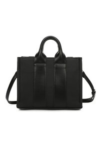 Borsa nera con un design strutturato, caratterizzata da dettagli in pelle liscia e tessuto texturizzato, due manici superiori e una tracolla removibile.