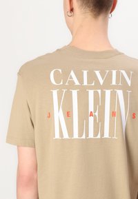 Šviesiai rudų medvilnės marškinėlių su dideliu baltu tekstu "CALVIN KLEIN" ir "JEANS" oranžine spalva. Trumpomis rankovėmis ir apvaliu iškirpimu. Lygus audinys.