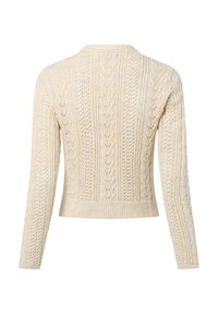 Sweter z dzianiny w kolorze kremowym, z teksturowanym wzorem z miękkich splotów, długimi rękawami oraz skróconą sylwetką.