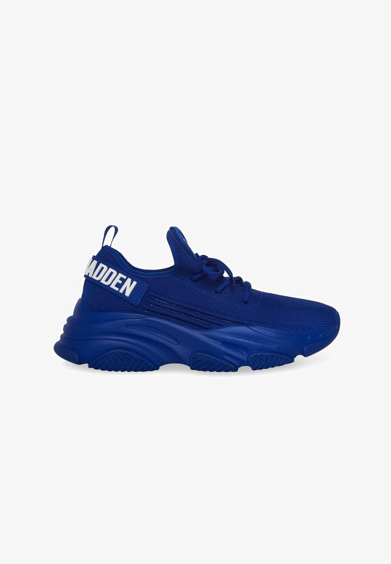 Blue athletic sneakers with a mesh upper, rounded toe, textured sole, and a prominent white logo on the back. Features lace-up design.