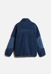Fleecejack in donkerblauw, met een zachte, gestructureerde stof en gladde contrasterende mouwen. Gesloten kraag en versterkte manchetten.