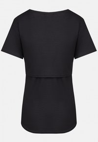 Black short-sleeve t-shirt made from a lightweight fabric. Features a relaxed fit and a curved hem, with a simple, minimal design.