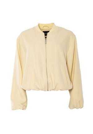 Jasnożółta kurtka bomber z pełnym zamkiem z przodu, elastycznymi mankietami i dolnym brzegiem oraz dwoma bocznymi kieszeniami.